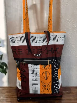 Shopper tas met Afrikaanse print - Donkerbruin / Geel Bogolan Symbols - Herbruikbare Boodschappentas van katoen