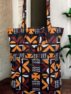 Shopper tas met Afrikaanse print - Bruine Cross Bogolan - Herbruikbare Boodschappentas van katoen