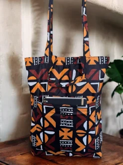 Shopper tas met Afrikaanse print - Bruine Cross Bogolan - Herbruikbare Boodschappentas van katoen