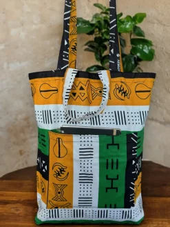 Shopper tas met Afrikaanse print - Groene bogolan symbols - Herbruikbare Boodschappentas van katoen