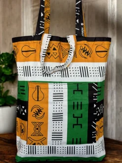 Shopper tas met Afrikaanse print - Groene bogolan symbols - Herbruikbare Boodschappentas van katoen