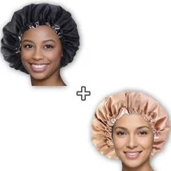 2 STUKS - Kaki + Zwart Satijnen Slaapmuts / Haar bonnet van Satijn / Satin hair bonnet