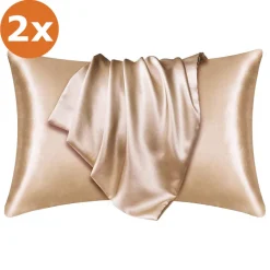 2 STUKS - Satijnen kussensloop Licht Kaki 60 x 70 cm hoofdkussen formaat - Satin pillow case / Zijdezachte kussensloop van satijn