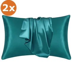 2 STUKS - Satijnen kussensloop Teal 60 x 70 cm hoofdkussen formaat - Satin pillow case / Zijdezachte kussensloop van satijn