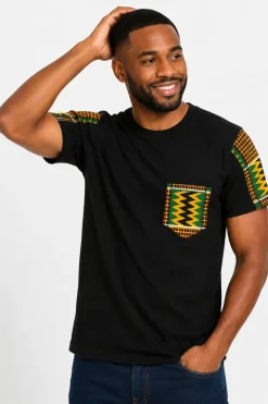 T-shirt met Afrikaanse print details - Groen Kente Zigzag Pocket