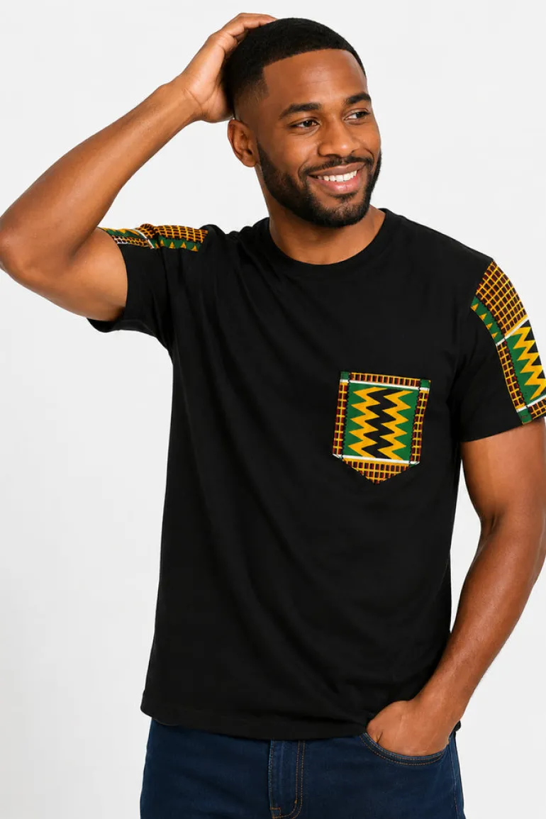 T-shirt met Afrikaanse print details - Groen Kente Zigzag Pocket
