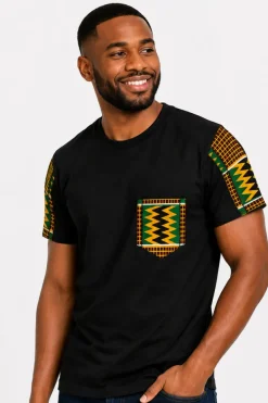 T-shirt met Afrikaanse print details - Groen Kente Zigzag Pocket