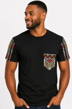 T-shirt met Afrikaanse print details - Rood Bogolan Symbols Pocket