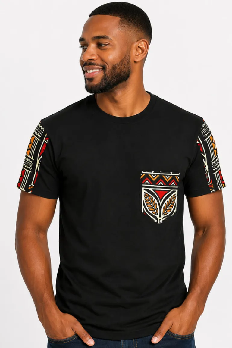 T-shirt met Afrikaanse print details - Rood Bogolan Symbols Pocket