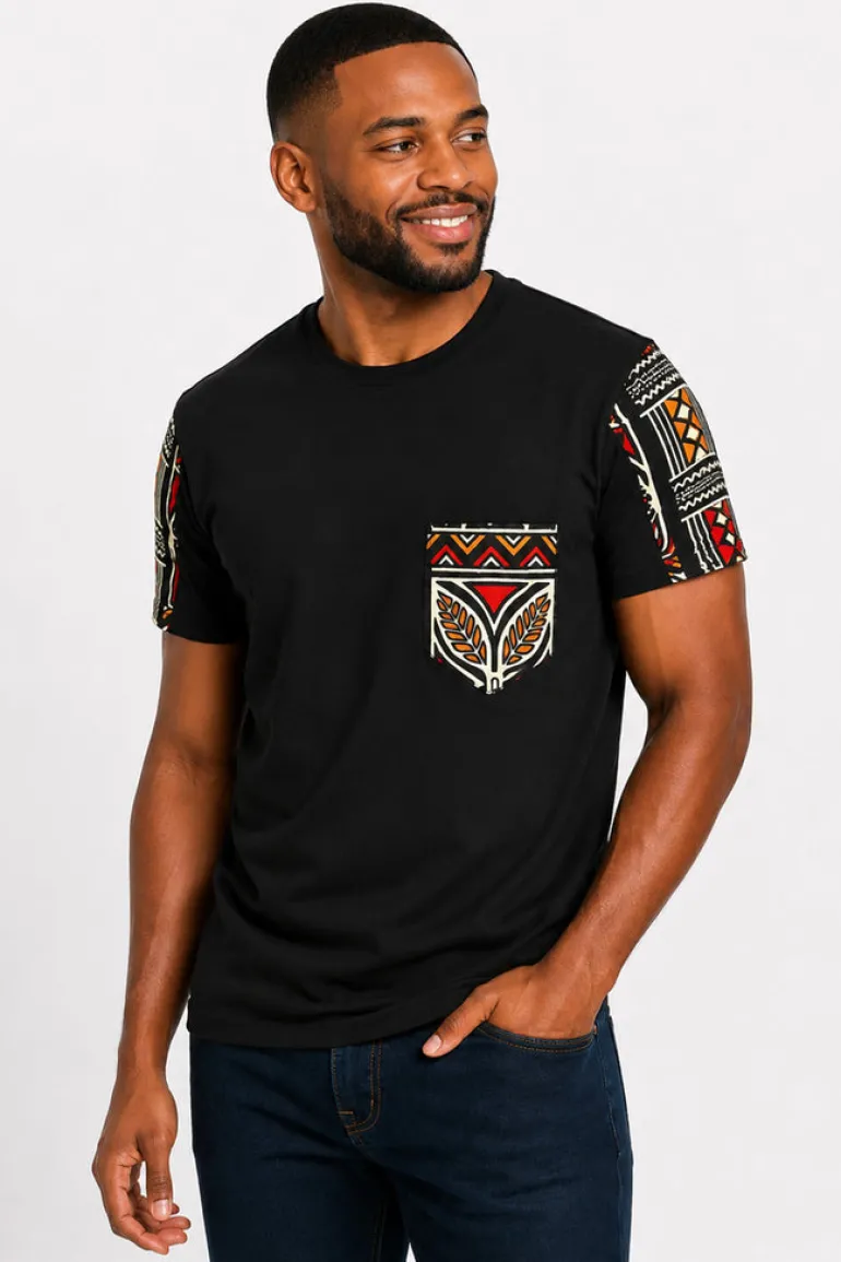 T-shirt met Afrikaanse print details - Rood Bogolan Symbols Pocket