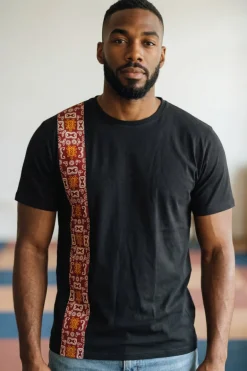 T-shirt met Afrikaanse print details - Bordeauxoranje Bogolan icon band
