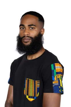 T-shirt met Afrikaanse print details - Blauw / oranje kente borstzak
