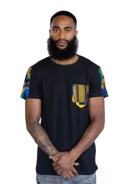 T-shirt met Afrikaanse print details - Blauw / oranje kente borstzak