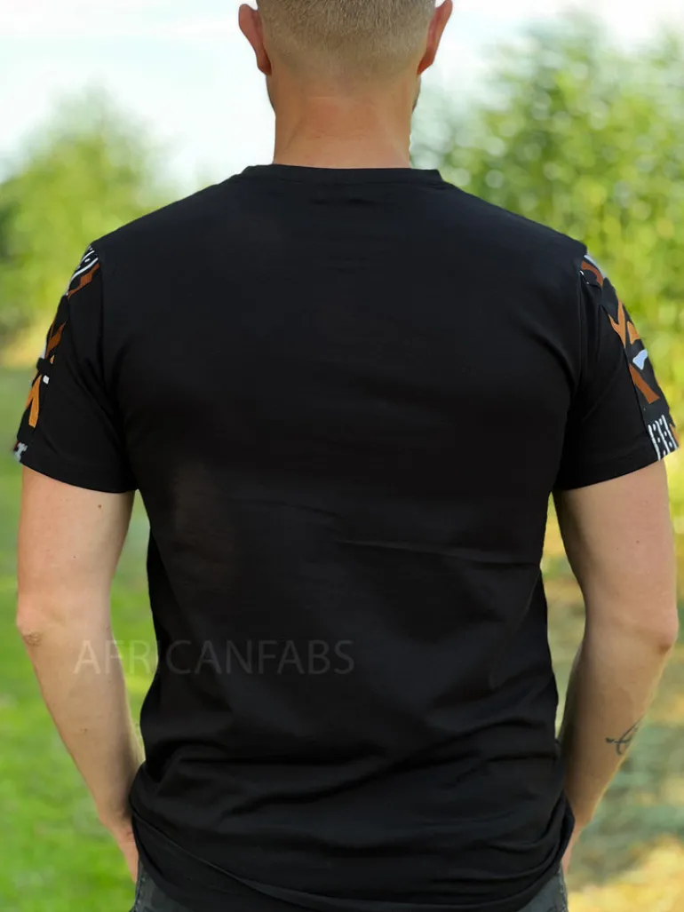 T-shirt met Afrikaanse print details - bruine bogolan mouwen en borstzak
