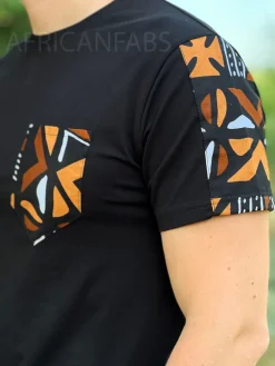 T-shirt met Afrikaanse print details - bruine bogolan mouwen en borstzak