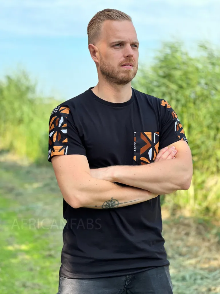 T-shirt met Afrikaanse print details - bruine bogolan mouwen en borstzak