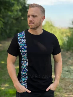 T-shirt met Afrikaanse print details - blauw / turquoise bogolan band