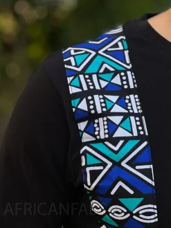 T-shirt met Afrikaanse print details - blauw / turquoise bogolan band