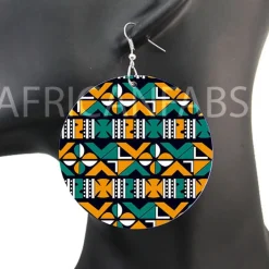 Turquoise / gele kruizen mud cloth / bogolan - Afrikaanse oorbellen