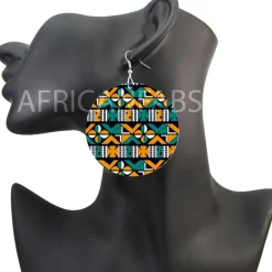 Turquoise / gele kruizen mud cloth / bogolan - Afrikaanse oorbellen