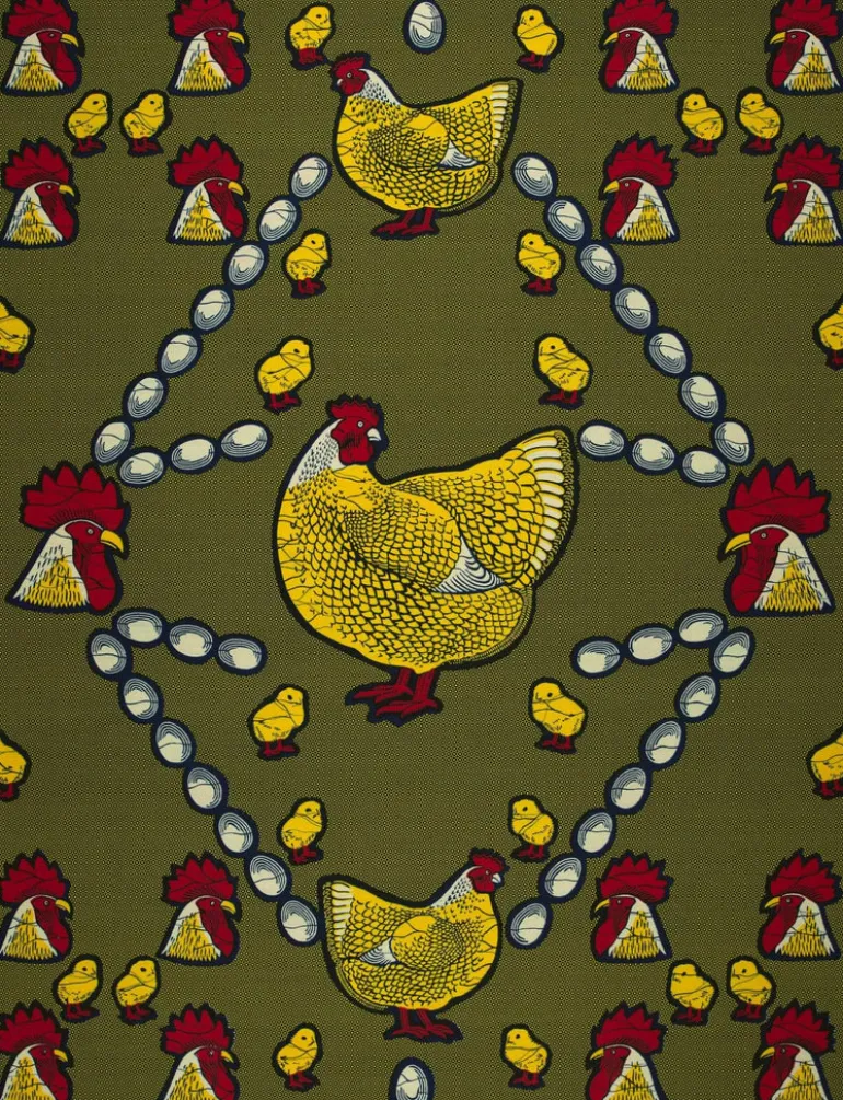 VLISCO stof Hollandais Afrikaanse Wax print - Geel Rood Happy family VL0H628