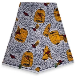 VLISCO stof Hollandais Afrikaanse Wax print - Wit gele Vogel in een kooi VL03610-041