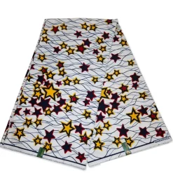 VLISCO stof Hollandais Afrikaanse Wax print - Wit Geel / Rode Stars
