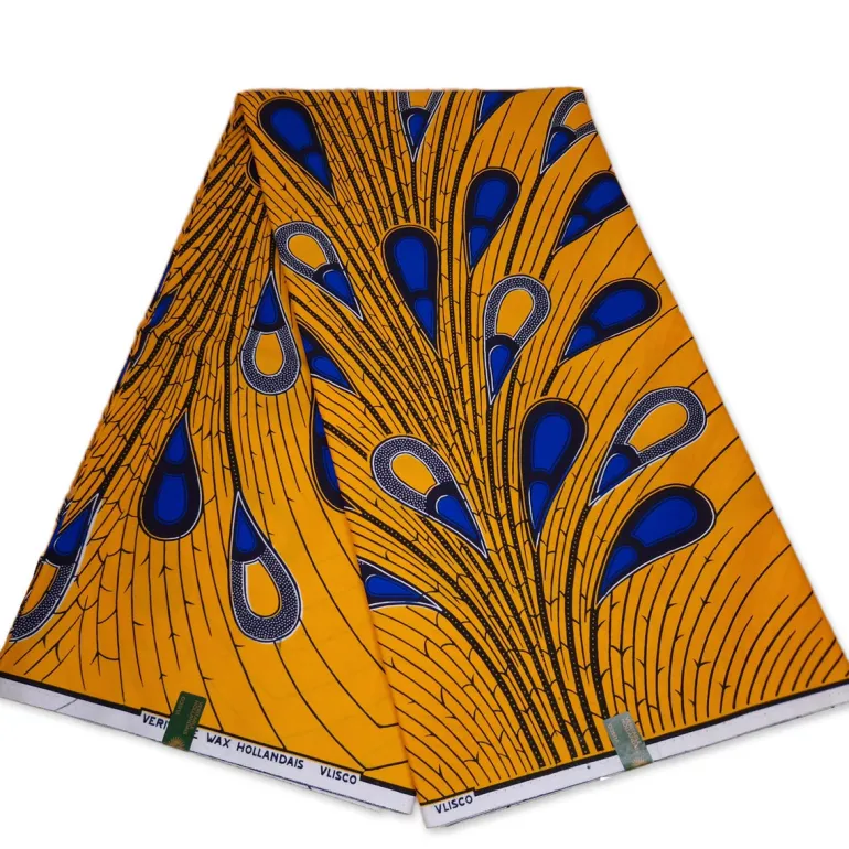 VLISCO stof Hollandais Afrikaanse Wax print - Geel / Blauwe Bulb