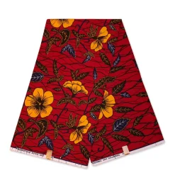 VLISCO stof Hollandais Afrikaanse Wax print - Donker Rood / Gele hibiscus flowers