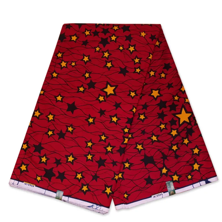 VLISCO stof Hollandais Afrikaanse Wax print - Rood / Gele Stars