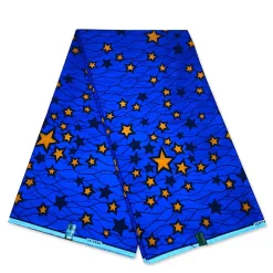 VLISCO stof Hollandais Afrikaanse Wax print - Blauw / Oranje Stars