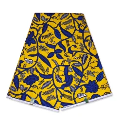 VLISCO stof Hollandais Afrikaanse Wax print - Geel / Blauwe leaftrail