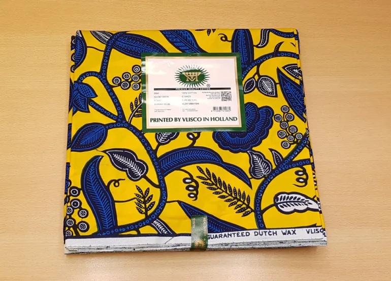 VLISCO stof Hollandais Afrikaanse Wax print - Geel / Blauwe leaftrail