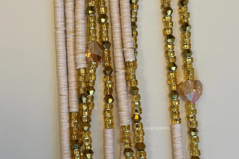 Waist Beads / Afrikaanse Heupketting - Osato - Beige / goud (Traditioneel niet-elastisch koord)