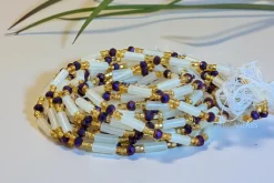 Waist Beads / Afrikaanse Heupketting - Bobo - Wit / paars (Traditioneel niet-elastisch koord)
