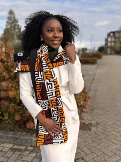 Warme Afrikaanse print sjaal Unisex - Smal model - Bruin Kuba Blokken