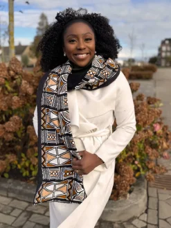 Warme Afrikaanse print sjaal Unisex - Smal model - Donkerbruin Bogolan Symbolen
