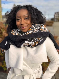 Warme Afrikaanse print sjaal Unisex - Smal model - Donkerbruin Bogolan Symbolen