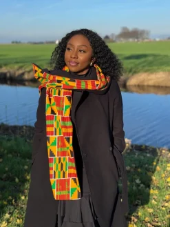 Warme Afrikaanse print sjaal Unisex - Smal model - Geelgroen Kente