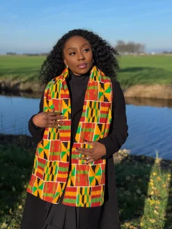 Warme Afrikaanse print sjaal Unisex - Smal model - Geelgroen Kente