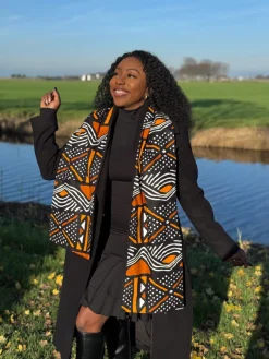 Warme Afrikaanse print sjaal Unisex - Smal model - Oranjebruine bogolan