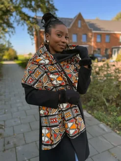 Warme Sjaal met Afrikaanse print Unisex - Rood / Oranje bogolan symbols