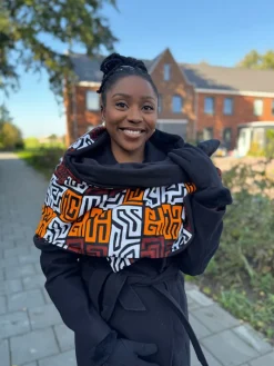 Warme Sjaal met Afrikaanse print Unisex - Bruin & Geel-oranje Kuba Blocks