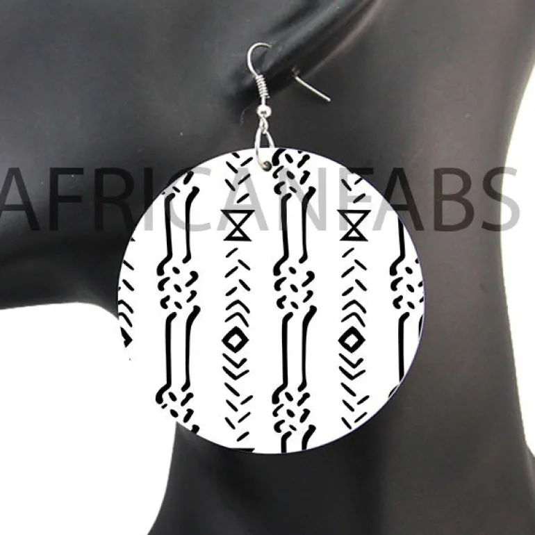Wit zwarte mud cloth / bogolan - Afrikaanse oorbellen