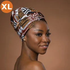 XL Easy headwrap / hoofddoek - Satijnen binnenkant - Bruin Bogolan Mosaic