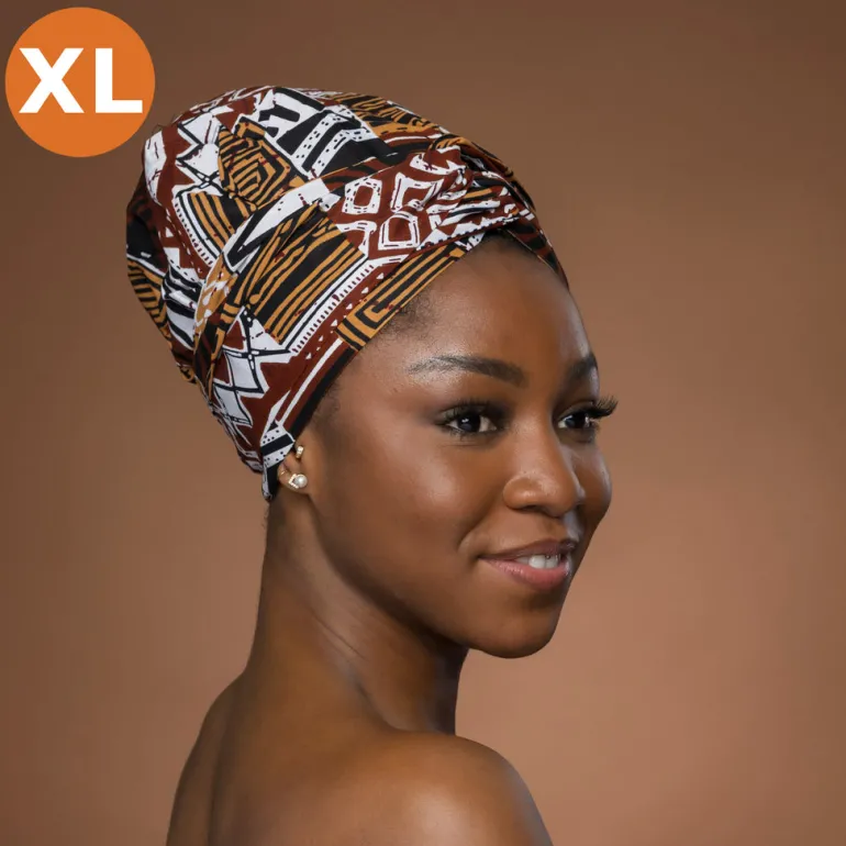 XL Easy headwrap / hoofddoek - Satijnen binnenkant - Bruin Bogolan Mosaic