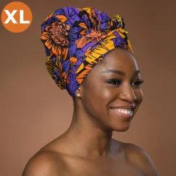 XL Easy headwrap / hoofddoek - Satijnen binnenkant - Geel Paars Flowers