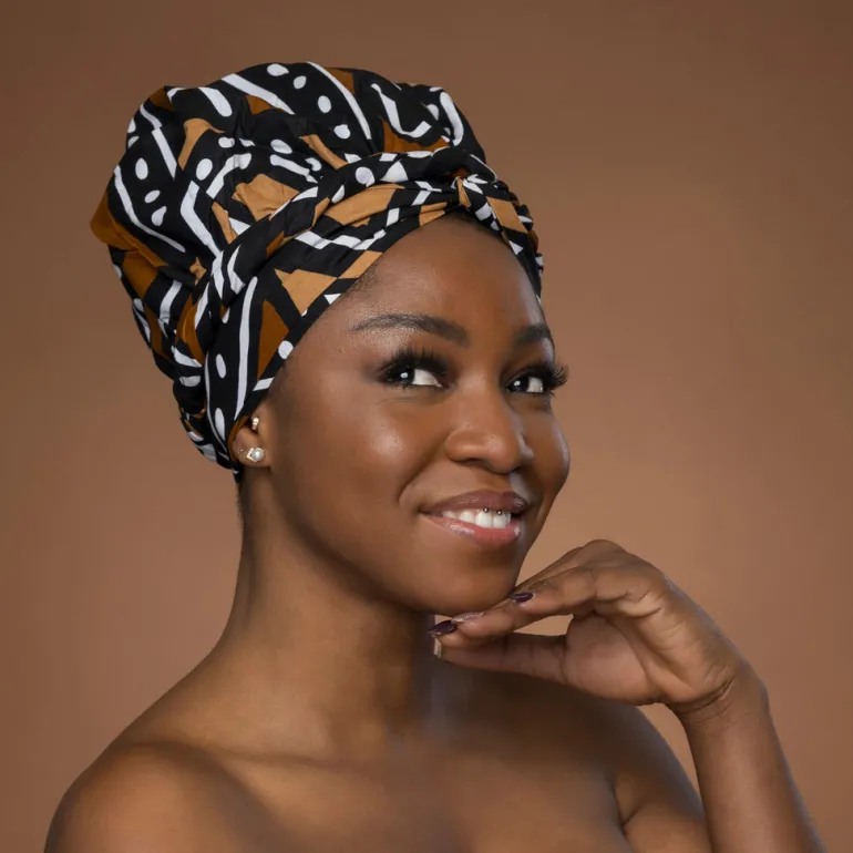 XL Easy headwrap / hoofddoek - Satijnen binnenkant - Bruin Zwart Bogolan