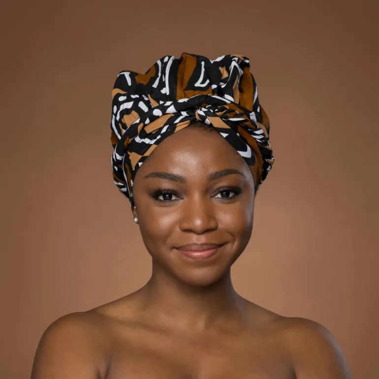 XL Easy headwrap / hoofddoek - Satijnen binnenkant - Bruin Zwart Bogolan