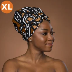 XL Easy headwrap / hoofddoek - Satijnen binnenkant - Bruin Zwart Bogolan